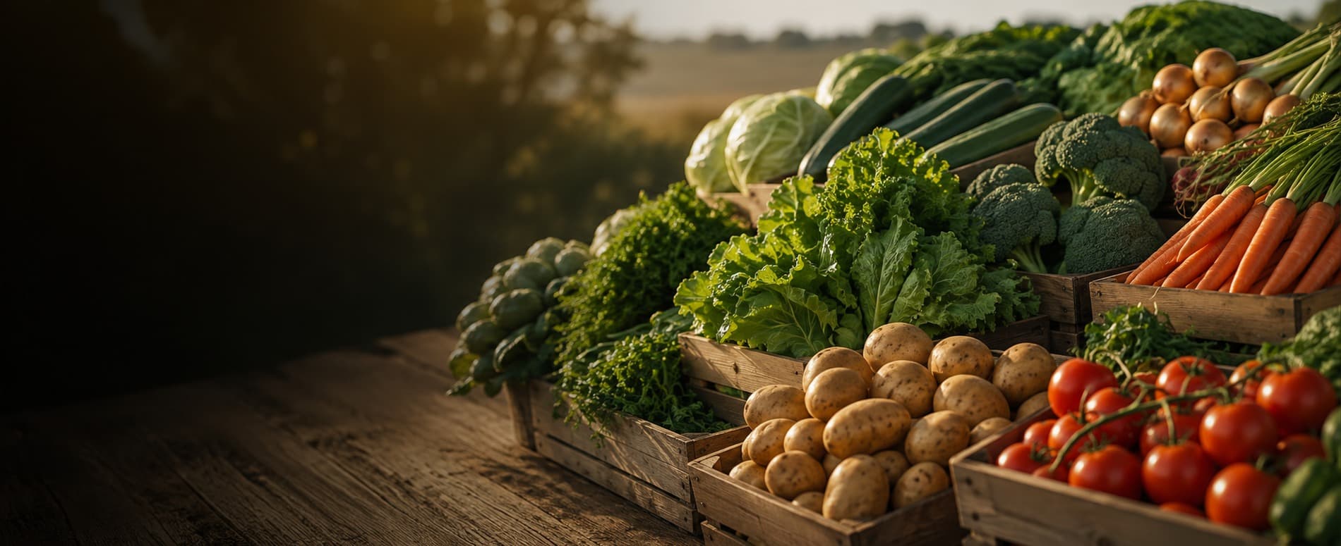 Crates of fresh potatoes, onions, carrots, broccoli and other vegetables on the farm