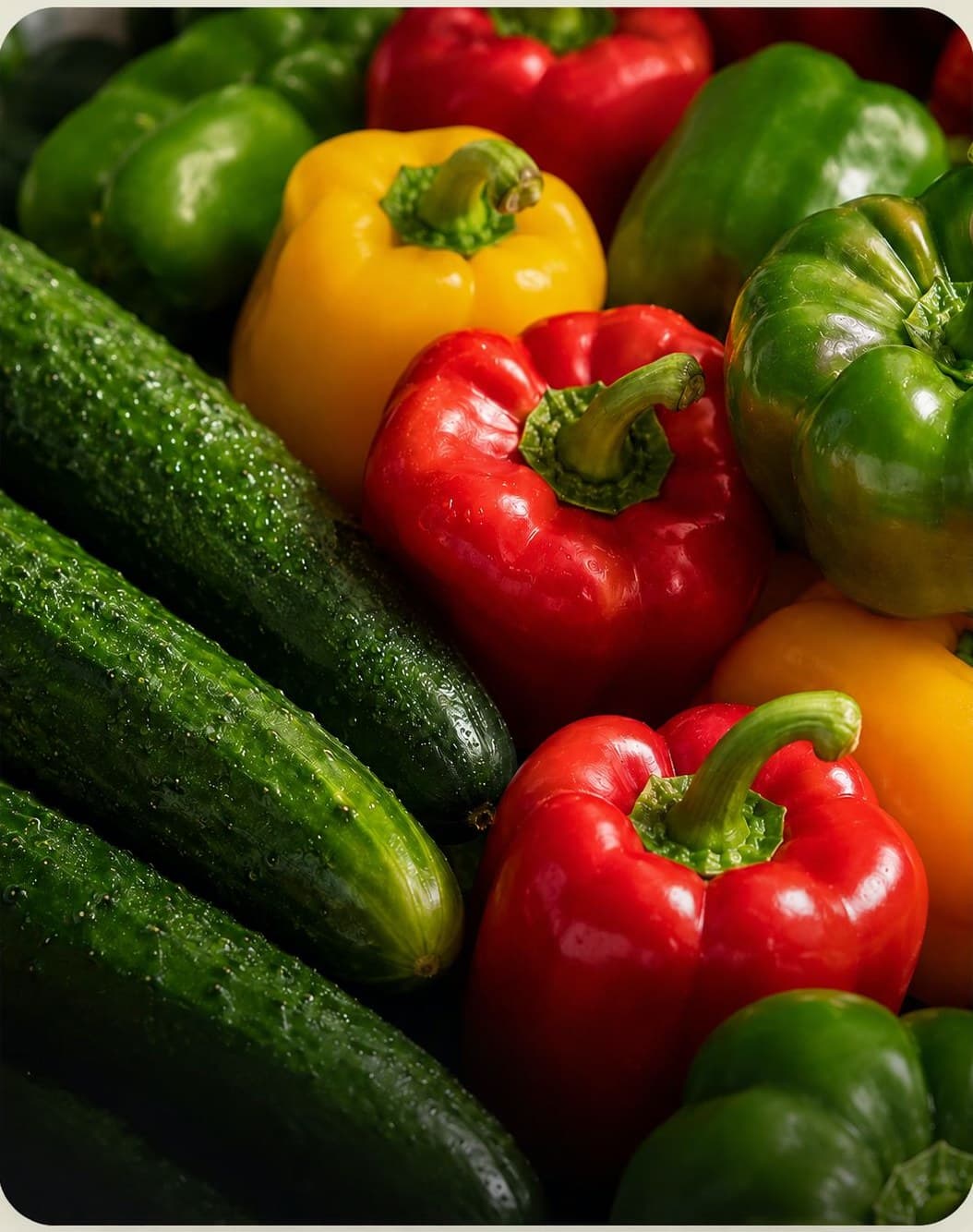 Fresh cucumbers and red, green and yellow capsicum