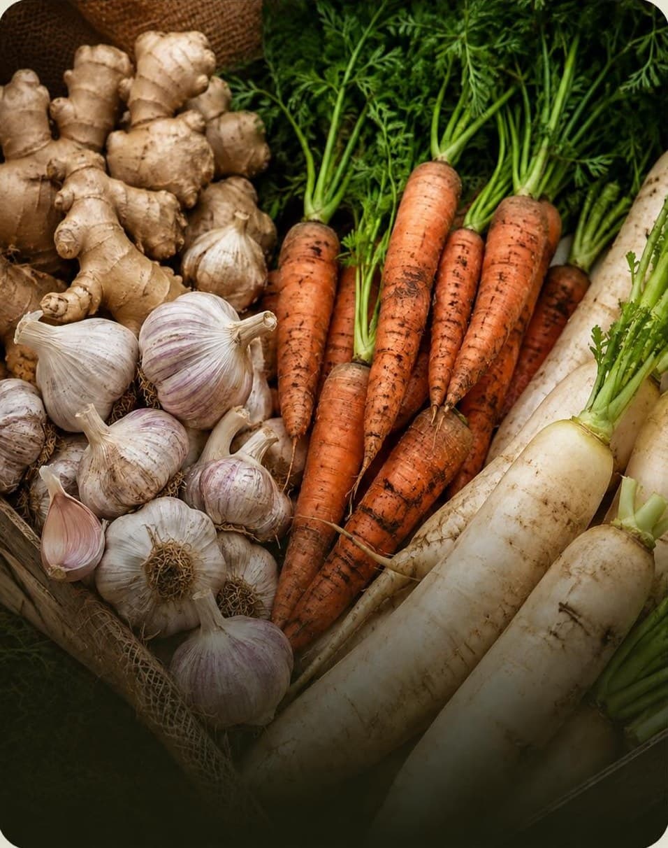 Ginger, garlic, carrots and daikon together