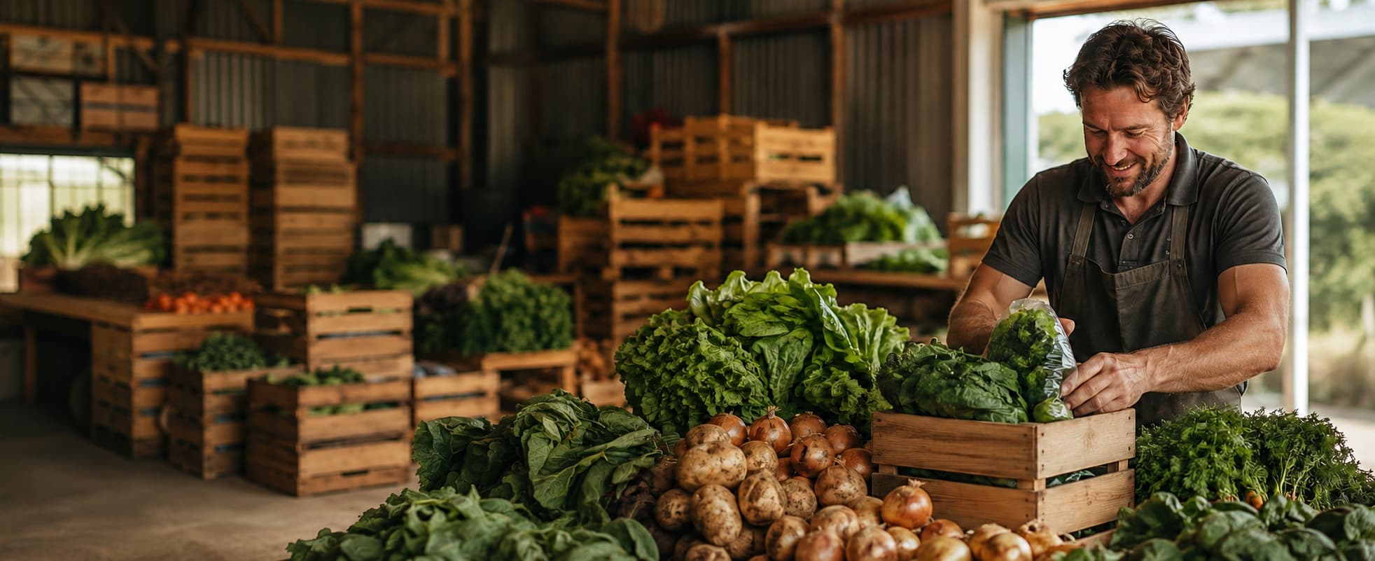A grower smiling while packing fresh greens into a crate in the packhouse