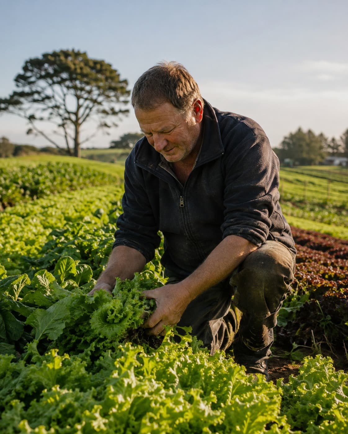 A grower harvesting fresh lettuce by hand in the field