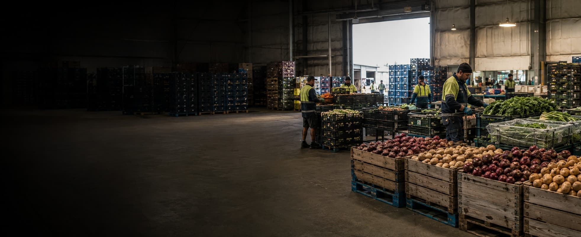 Warehouse staff in hi-vis packing crates of fresh produce for delivery