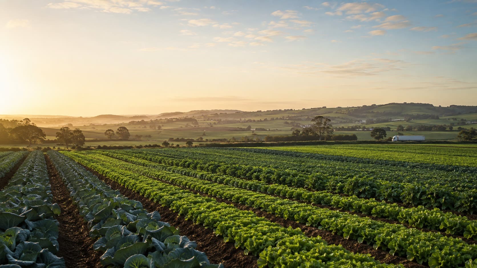 Rows of leafy vegetable crops growing in a New Zealand field at sunrise, with a delivery truck on the road behind